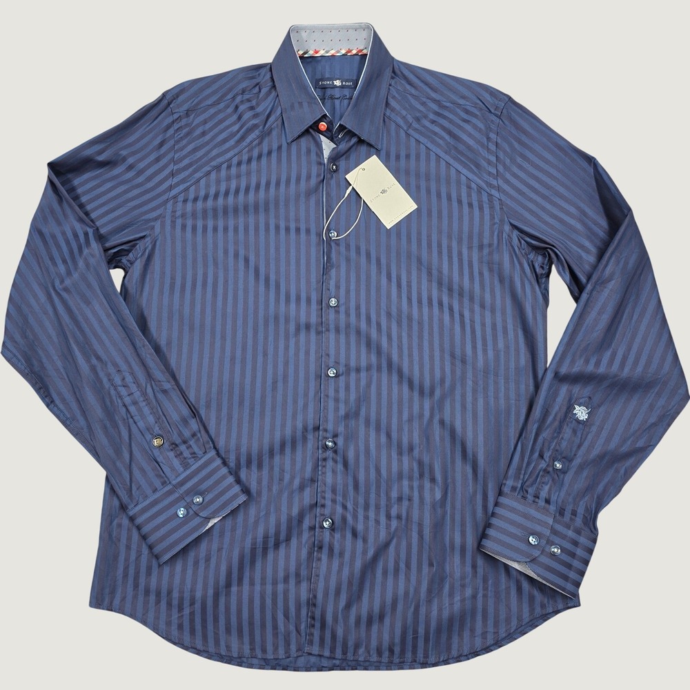 Stone Rose Dress Shirt Mens 4 Large‎ Navy Blue Tone Stripe Cotton Professional